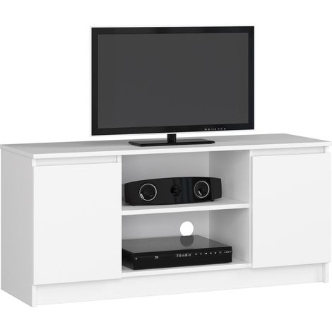 Meuble TV pour salon AKORD Blanc 120 cm 2 portes façade Blanche 2 étagères 120x40x55 cm (1/5)