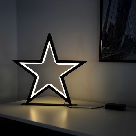 LED Metall Stern schwarz 34 cm warm weiß  - 70 LED - Weihnachts Deko Stern Batterie betrieben - Advent Weihnachten Aufsteller Tisch Fenster Dekoration
