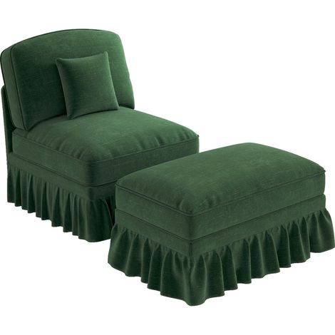Sillón lounge de chenilla verde con puf, falda extraíble y patas torneadas MODENUIT (1/5)