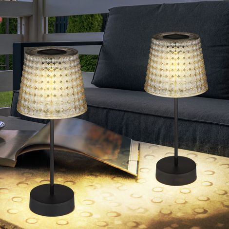 Außenleuchte Solarleuchte Tischlampe LED Gartenlampe Kristallleuchte rauchfarben. Kunststoff schwarz, Akku IP44, 3000K warmweiß, 2er Set, H 29 cm