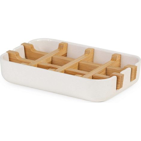 Porte-savon blanc, en bambou écologique, 100 % naturel, 100 % biodégradable, sans plastique, 13 x 8,5 x 2,4 cm, blanc/naturel (1/5)