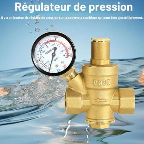 Réducteur de pression d'eau 3/4 pouces DN20 avec manomètre, réducteur de pression d'eau en laiton, régulateur de pression d'eau réglable réducteur de pression 1,6 MPa régulateur (1/3)