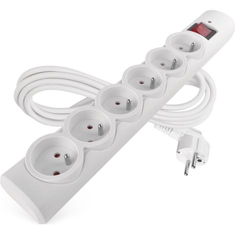 multiprise parafoudre avec LED, 6 Prises françaises 45°, câble 3m, Interrupteur, sécurité Enfants, 2300W/10A, PVC, intérieur, Blanc (1/5)