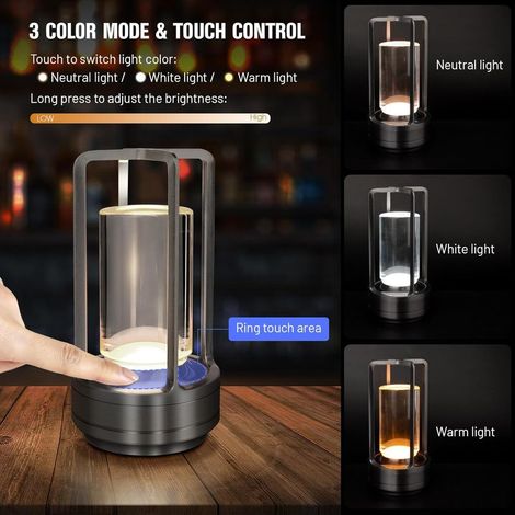 Lampe de Bureau LED Rechargeable sans Fil 3 Couleurs avec Contrôle Tactile - Lampe de Chevet Portable Décorative pour Chambre, Salon et Bureau (Argenté) (1/4)