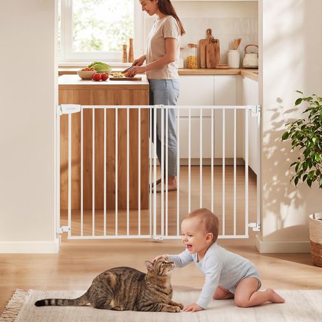 Barrière de Sécurité Bébé, Largeur Réglable 778-1210 mm, Barrière Porte Chien, Hauteur 760 mm, Sans Barre au Sol, Fixation par Perçage avec Accessoires, Pour Escaliers, Passages et Maison, Blanc (1/5)