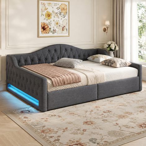 Cama diván 140x200 cm gris capitoné con LED y almacenaje, sin colchón - CHICFURN (1/5)