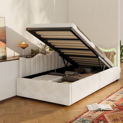 Sureh – Lit coffre 90 x 200 en velours beige – Sommier à lattes en bois – Rangement hydraulique – Bandes LED intégrées – Charge maximale 300 kg (1/5)