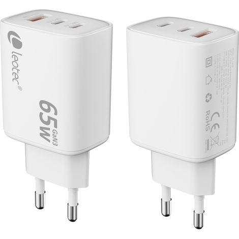 Cargador de Pared GaN Leotec LECSPH65W3W2/ 2xUSB Tipo-C/ 1xUSB/ 65W