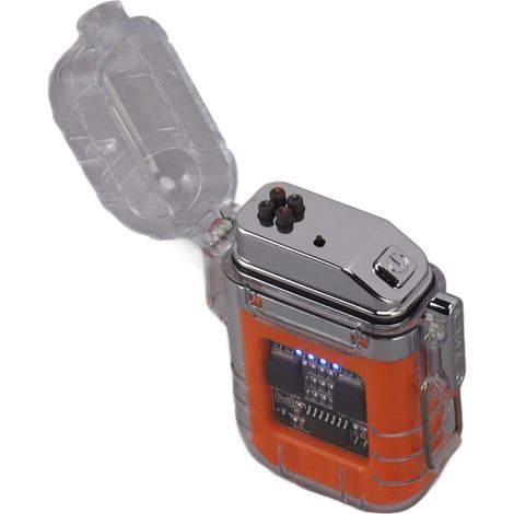 Briquet électrique à double arc, transparent, étanche, coupe-vent, avec indicateur de charge, orange. (1/5)