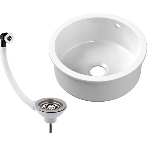 Balterley Fireclay Ceramic Single Bowl Round Undermount Kitchen Sink with Central Waste, Overflow and Chrome Strainer Waste, 460mm (1/3)