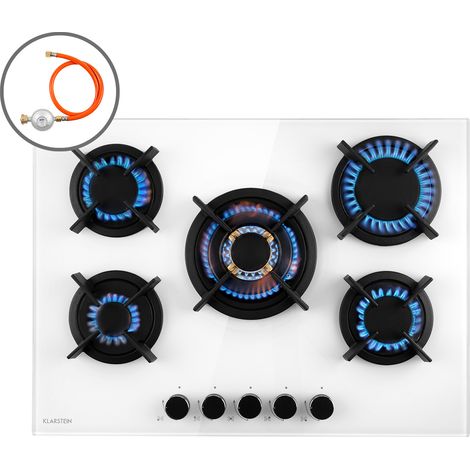 Klarstein – Plaque de cuisson gaz 5 feux 10,4 kW – Brûleurs en laiton Sabaf – Allumage électrique – Surface en verre noir facile à nettoyer