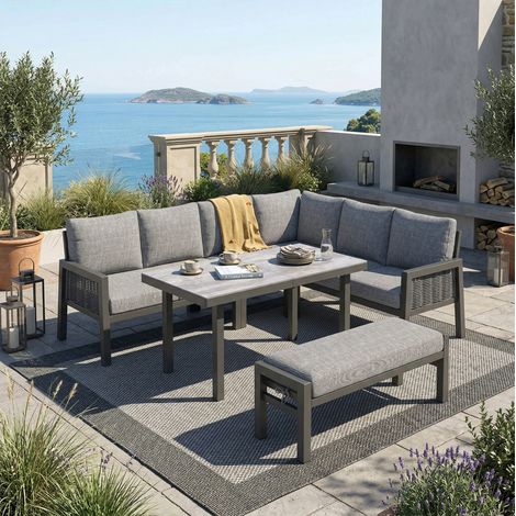 Mesa comedor exterior con banco y sofá gris OKMYHOME (1/4)