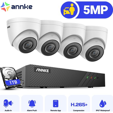 ANNKE 5MP 8 Channel PoE Security System with 4 Turret Cameras, IP67 Waterproof,Built-in Mic & SD Card Slot, Works with Alexa - NO HDD (1/5)