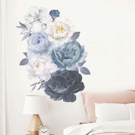 Fleurs Stickers Muraux Aquarelle Noir Blanc Bleu Pivoine Nature Plante Vinyle (1/4)