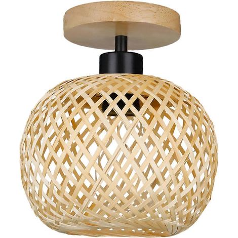 Plafonnier en bambou tressé style rétro, finition naturelle, idéal pour la salle à manger ou le couloir. Ampoules non incluses. (1/5)
