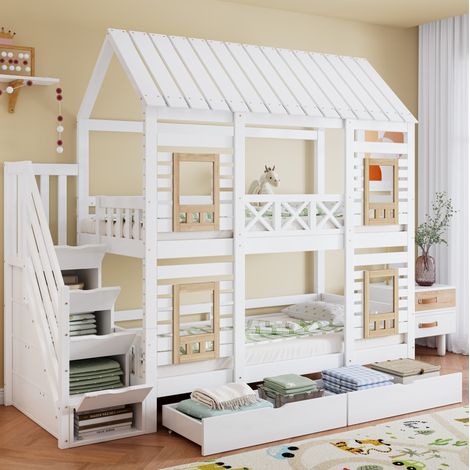 Letto a castello bambini 90x200 cm con finestra, 2 cassetti, scala contenitore e sponda di sicurezza, in pino bianco e naturale, materasso non incluso (1/5)