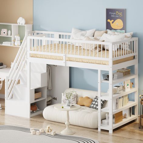 DESVIAE Lit mezzanine enfant 90 x 200 avec armoire étagères rangements échelle de sécurité bois massif blanc (1/5)