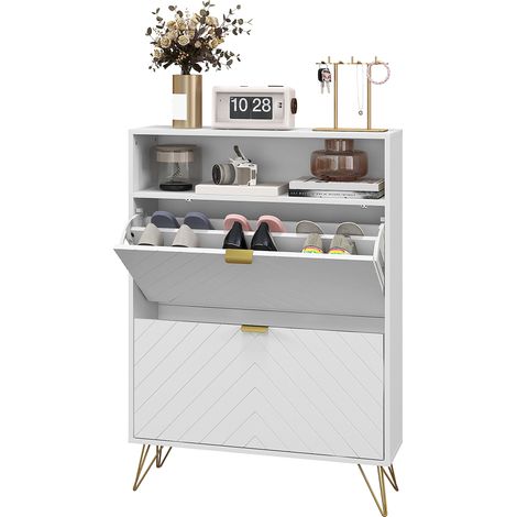 12 Shoe Storage Cabinet, with Chevron Indents Gold Tone Accents - White (1/5)