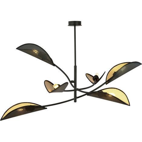 Lampada a Sospensione Fiore di Loto, Acciaio verniciato a polvere, Tessuto, Nero, Oro, 102x51x102 cm
