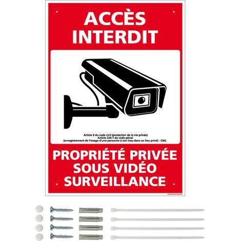 Panneau de signalisation prépercé PVC ou ALU rectangulaire + kit de fixation - Accès interdit, propriété privée sous vidéo surveillance - PVC 1 mm - 300 x 420 mm
