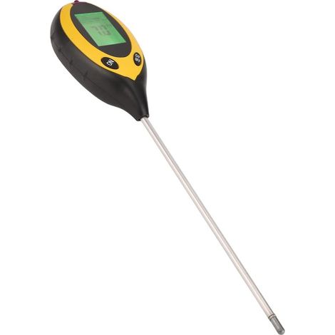 Medidor de suelo 4 en 1 (pH/temperatura/humedad/luz), ideal para cultivo y jardinería.