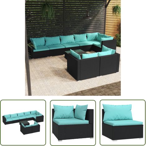 Gartensofa - vidaXL 9-tlg. Garten-Lounge-Set mit Kissen Schwarz Poly Rattan - Gartenstuhl (1/5)