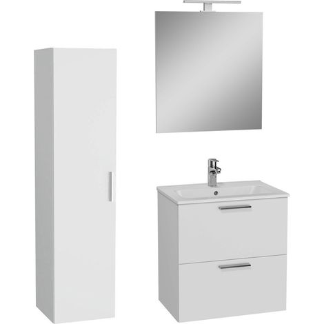 Vitra  Set Mia ensemble meuble 59x61x39,5cm avec miroir, lavabo, éclairage LED + armoire 145x35x35cm, Blanc brillant