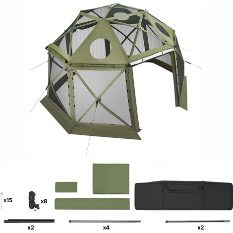 Tente de camping sphérique 3,96 x 3,96 m à 13 pans, abri moustiquaire anti-insectes avec toit amovible et sac de transport, montage rapide, tonnelle ombrage pour 10-12 personnes, verte (1/5)