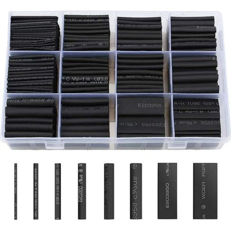 VURAHOME - Gaine Thermorétractable 650pcs Tube Thermorétractable Noir 8 Tailles Ratio 2:1 Gaine Thermo Retractable Kit, Noire (1/5)