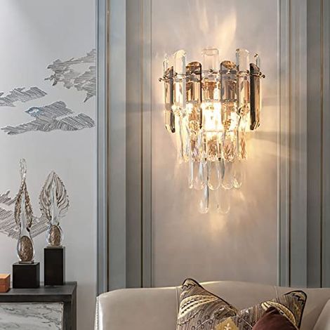 Applique Murale En Cristal Moderne, Applique Murale En Cristal E14, Pour Chambre Salon Cuisine Couloir Escalier Restaurant Hôtel éclairage (Smoky Gray) (1/5)
