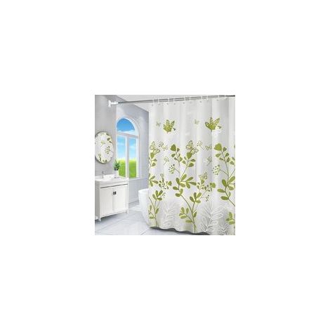 Rideau de Douche AntiMoisissure Vert 180x200 cm Motif Floral, Lavable, Avec 12 Oeillets Blancs