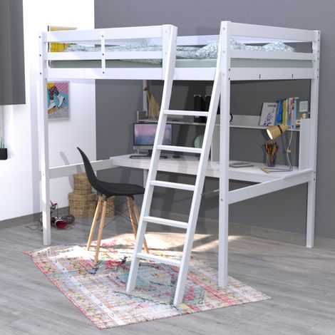Le Quai Des Affaires – Lit mezzanine 140x190 cm – Bureau et étagère inclus – Finition blanche – Lit en pin massif – Hauteur sous sommier 150,5 cm