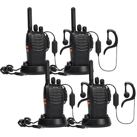 PT88E PMR446 License-Free Walkie Talkie, 16 Channels, Rechargeable with USB Charger, LED Flashlight, Professional Walkie Talkie with Earpiece for Family and School (4pcs, Black)