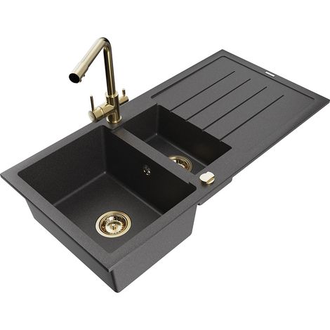 Mexen Andres fregadero de granito de 1,5 senos con escurridor y grifo de cocina Duero, negro moteado - 6515-76-671600-50 (1/5)