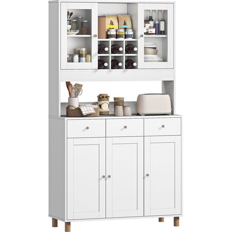 180 cm Küchenschrank, 2 Glastüren, 3 Schubladen, 4 verstellbare Regale, Esszimmerschrank, Spanplatte, Weiß (1/5)