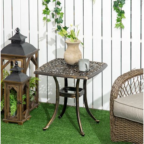 Table d’appoint de jardin 54x54x52,5 cm bronze en aluminium moulé avec trou pour parasol et pieds réglables (1/5)