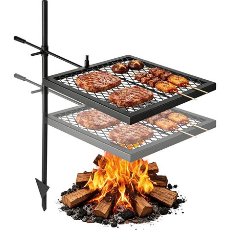 VEVOR Lagerfeuergrill 406 x 406 mm 600 °C Outdoor 360° Höhenverstellbar für Steaks Burger und Camping im Freien, 1,5 mm Kohlenstoffstahl, 82 cm Stangenhöhe, hohe Belastbarkeit, Tragetasche inkl. (1/5)