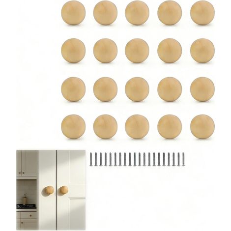 20 Pièces Boutons de Meuble en Bois, Poignée à Boule Avec Vis, Surface Lisse pour Armoire et Tiroirs (1/5)