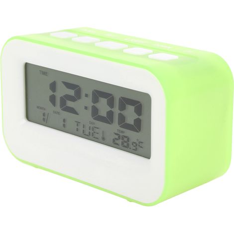 Réveil enfant LCD avec rétroéclairage, alarme musicale, fonction compte à rebours et rappel d'anniversaire réveil numérique vert. (1/5)