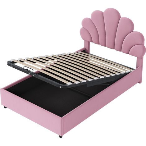 Cama capitoné 90 x 200 cm con cabecero floral, arcón hidráulico y terciopelo rosa (1/5)