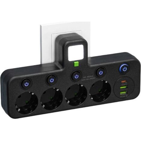 BUNTHAUS Multiprise Murale avec 4 Prises EU, 2 Ports USB, 1 Port Type C, Interrupteurs Individuels (4 Prises Noir) (1/5)