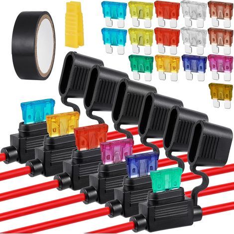 6pcs Porte-Fusibles 12AWG(2)+16AWG(4), Porte Fusible Voiture 12V Etanche avec 15 Fusibles voiture 3A/5A/7.5A/10A/15A/20A/25A/30A/35A/40A, Kit de Fusible Plat pour Voiture/Camion/Moto (1/5)