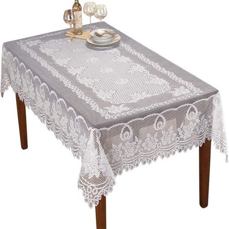 Nappe blanche rectangulaire à dentelle florale, idéale pour la maison. Matière : polyester. Convient pour les mariages, les restaurants et autres occasions. (1/5)