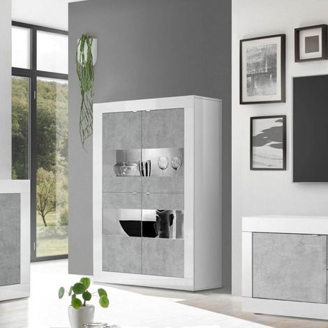 Vitrine séjour moderne 4 portes blanc brillant ciment Tina BC Basic (1/5)