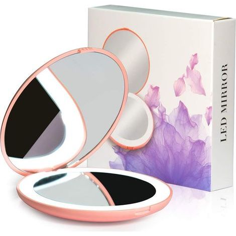 Compact LED Magnifying Mirror, Lighted Travel Mirror, 10x Magnification, Portable, Double Sided, Portable Makeup Mirror for Pocket, Purse, Gift, White, 3.5" Round - (1/5)