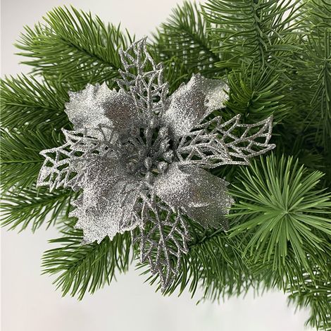 Fleurs Artificielles - Pour Décoration Extérieure et Intérieure - 24 Pièces - Motif Noël - Sans Odeur - En Tissu Soyeux et Plastique - Orné de Paillettes