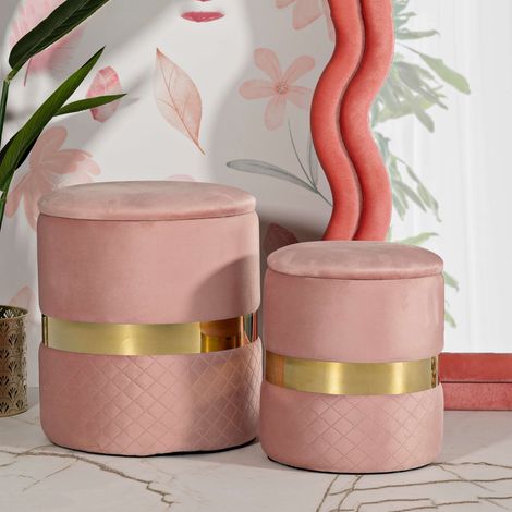 Puf Contenedor Maun, set de 2, Forma Redonda, Estructura color oro, 37x37x42h cm Rosa (1/5)