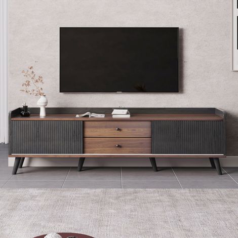 MEUBLIV TV-Möbel schwarz und Holzoptik – 160 x 58 x 40 cm mit 2 Schiebetüren und 2 Schubladen (1/5)
