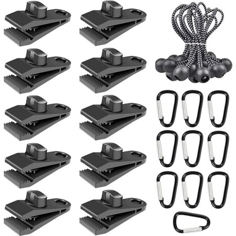 Lntyq Lot de 30 pinces pour tente, auvent, pinces pour bâche avec corde élastique et mousqueton pour tentes de camping en plein air