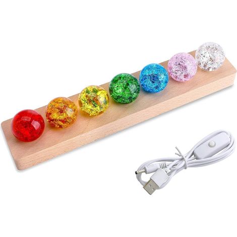 Veilleuse boule de cristal en verre 7 couleurs, 40 mm, effet cristal craquelé, chakra, LED, socle en bois, sphère de guérison en verre (cadeau). (1/5)